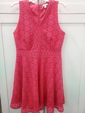 Womens Pink Lace Fit-and-Flare Dress